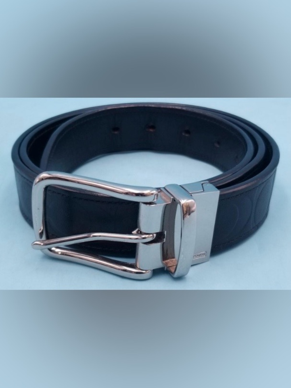 Coach logo reversible Black Leather Belt with Silver Buckle